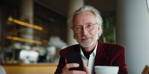 Elderly caucasian male using smartphone in cozy café setting
