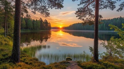 Fototapeta premium Serene sunrise over a tranquil lake, framed by pine trees