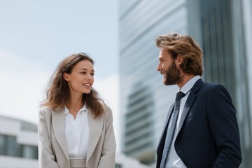 Young caucasian business professionals engaging in conversation outdoors