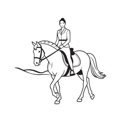Black and white line art of a beautiful woman with perfect body riding horse elegant minimalist illustration
