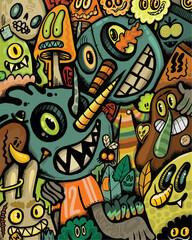 Whimsical monster mash featuring playful hand-drawn characters, perfect for eye-catching designs, vibrant marketing, and unique children's illustrations