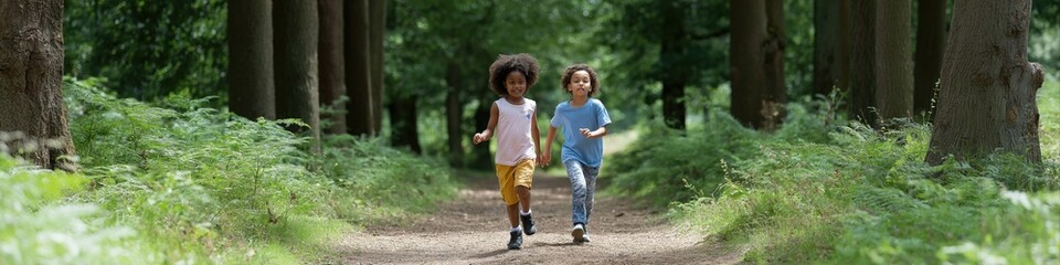 Fototapeta premium African descent children joyfully running in forest path surrounded by lush greenery
