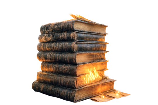 Stack Of Antique Leather Books With Firelight