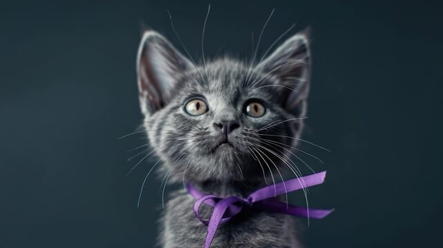 A small gray kitten wearing a purple bow around its neck, looking cute and playful