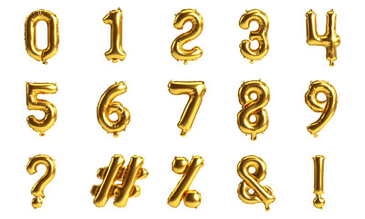Gold balloon numbers and symbols set isolated on white background, 3d illustration