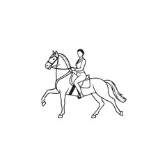 Black and white line art of a beautiful woman with perfect body riding horse elegant minimalist illustration