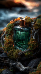 Elegant Green Perfume Bottle with Gold Cap Nestled in Mossy Wood and Natural Elements