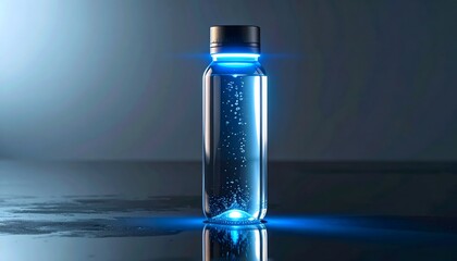 Transparent water bottle standing on glossy surface high resolution photo