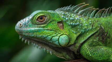 Fototapeta premium Small green iguana closeup showing detailed scales and bright eyes on natural background in tropical habitat