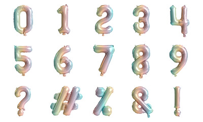 Rainbow balloon numbers and symbols set isolated on white background, 3d illustration
