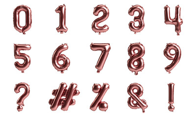 Metallic rose balloon numbers and symbols set isolated on white background, 3d illustration