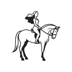 Black and white line art of a beautiful woman with perfect body riding horse elegant minimalist illustration