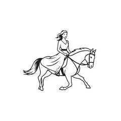 Black and white line art of a beautiful woman with perfect body riding horse elegant minimalist illustration