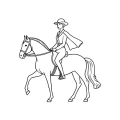 Black and white line art of a beautiful woman with perfect body riding horse elegant minimalist illustration