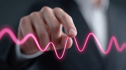 Businessman's hand interacting with fluctuating pink graph line on digital screen