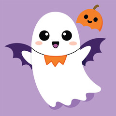 Adorable ghost with bat wings and a pumpkin, a charming halloween illustration on a light purple background, ideal for seasonal cards and decorations