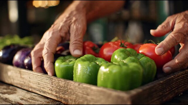 Bright vegetables are carefully set on a wooden tray, their freshness amplified by a glowing early-day ambiance.
