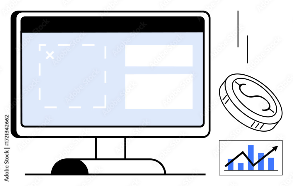 Aufkleber computer monitor with analytics ui, tossing coin, and bar chart with upward trend arrow. ideal for f