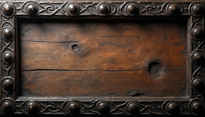 Dark brown wood background featuring an ornate metal frame with intricate detailing. The aged timber surface shows natural grain, knots, and weathered texture, evoking a rustic antique vintage style.