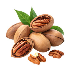 Pile of pecans with leaves isolated on transparent background
