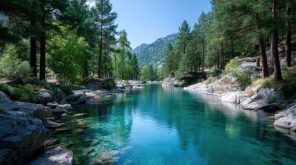 Fototapeta premium Vivid Azure Lake Surrounded by Verdant Forest Under Clear Blue Sky