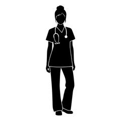 Full body silhouette of a female healthcare professional wearing scrubs and stethoscope isolated on transparent background