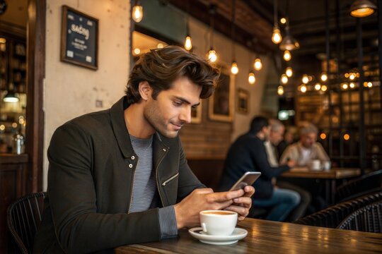 Handsome young man having coffee and using mobile phone