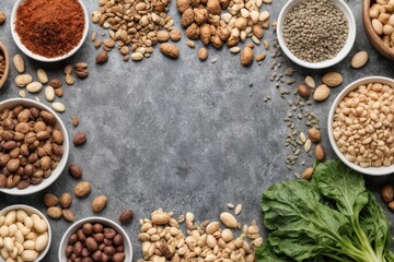 Superfoods on gray background with copy space. Nuts, beans, greens and seeds. Healthy vegetarian food.
