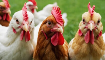 Fototapeta premium A vibrant group of chickens in various colors stands together in a green field under bright sunlight. Their lively presence brings energy to the serene farm environment.