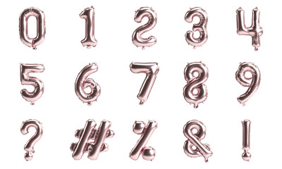 Rose golden balloon numbers and symbols set isolated on white background, 3d illustration