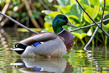 Fototapeta premium Swimming male mallard duck in lush green wetland wildlife photography nature eye-level view vibrant colors