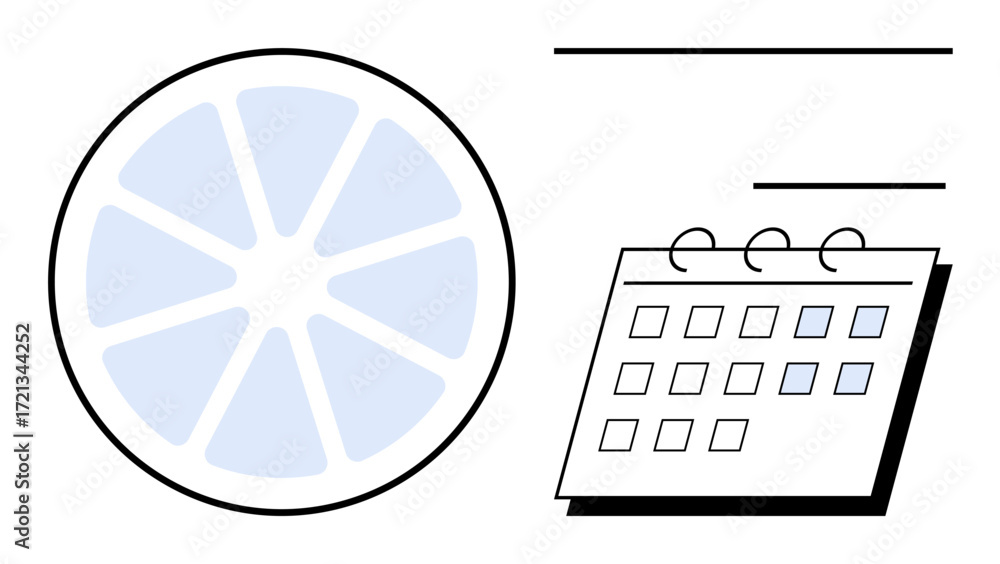 Poster simplified pie chart with eight symmetrical sections next to a calendar with highlighted dates. idea