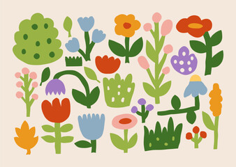 Collection of colorful hand drawn flowers, leaves, bushes and plants in flat naive style. Decorative floral vector illustration set for kids design, textile, fabric, packaging, cards and posters.