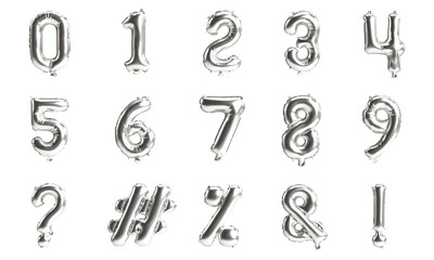 Silver metallic balloon numbers and symbols set isolated on white background, 3d illustration