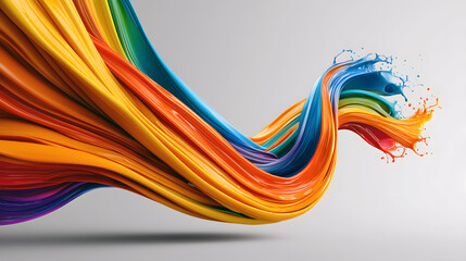 Dynamic Abstract Rainbow Color Liquid Paint Flow with Splashes on White Background