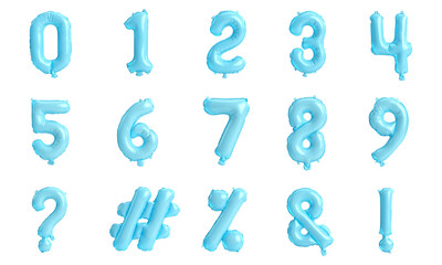 Skyblue metallic balloon numbers and symbols set isolated on white background, 3d illustration
