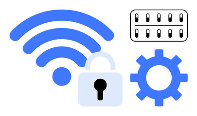 Lock secures blue wireless signal, circuit board symbolizes digital systems, and gear depicts technology. Ideal for cybersecurity, data protection, IoT, wireless technology, tech solutions, process