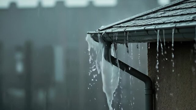 Heavy rain overflowing from a house gutter in slow motion. Close-up of a downpour and water splashing from a roof. Stormy weather and flooding concept.