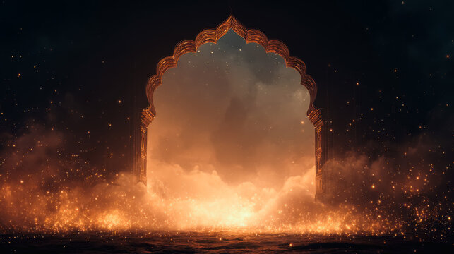 Dussehra holiday celebration with ornate archway, glowing embers, and ethereal atmosphere, featuring vibrant colors and copy space for text or design elements