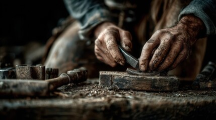 Craftsman skillfully shaping wood in a rustic workshop during the late afternoon