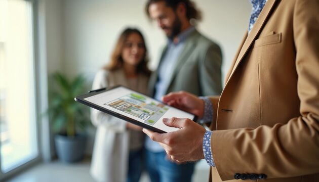 Real estate agent uses tablet showing property floor plan to couple. Couple views modern unfurnished room, assessing house layout. Pro consultation for home buying transaction, residential sales