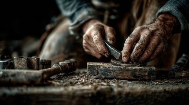 Craftsman skillfully shaping wood in a rustic workshop during the late afternoon