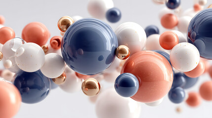 Abstract 3D Rendering of Dynamic Floating Glossy Spheres in Navy Blue, Coral, White, and Gold