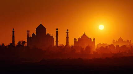 Naklejka premium Silhouette of iconic architecture against a vibrant sunset, showcasing cultural heritage during Dussehra holiday celebration, warm hues creating a festive atmosphere