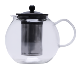 Clear glass teapot with black lid and stainless steel infuser transparent