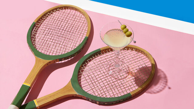 Vintage tennis rackets with martini glass and olives on pink background. Concept of retro sport lifestyle, branding for cocktail campaigns, editorial fashion and premium leisure.