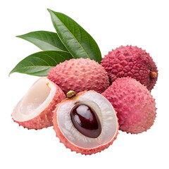 Fresh lychee fruit with leaves isolated on transparent background