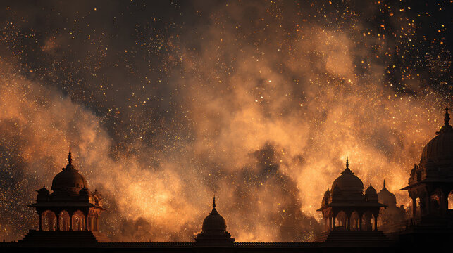Dazzling fireworks illuminate the night sky above ornate temple silhouettes during Dussehra holiday celebration, creating a vibrant and festive atmosphere filled with joy and excitement