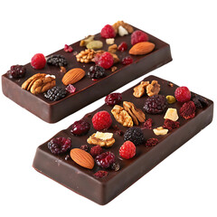 Two artisanal dark chocolate bars with nuts and berries isolated on transparent background