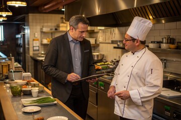 Restaurant manager with chef in kitchen